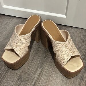 BAMBOO Cream and Brown Platform Shoes with Woven Design